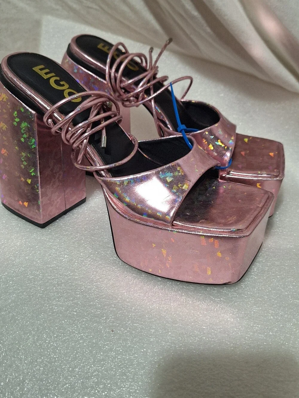 Pink Holographic Platform Block Heel Sandals